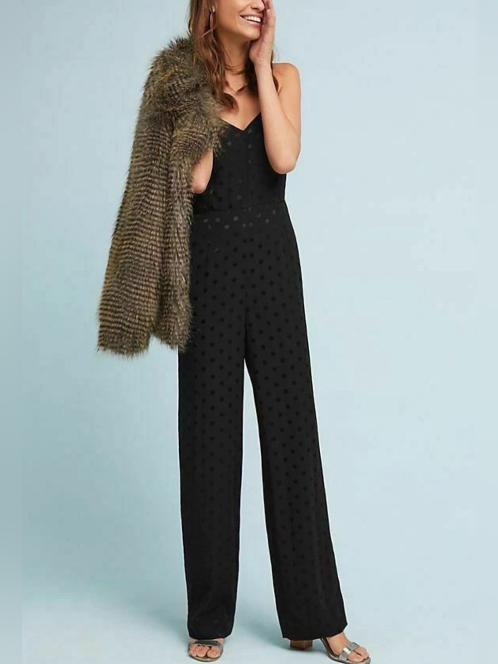 Anthropologie Black Polka Dot Wide-Leg Jumpsuit
